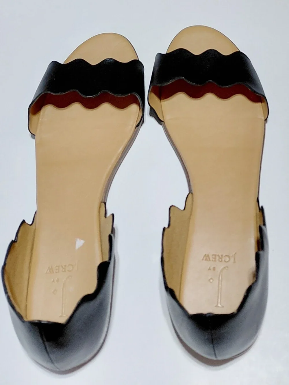 J. CREW Women's Black Scalloped Leather Peep Toe Flat Shoes Size 10